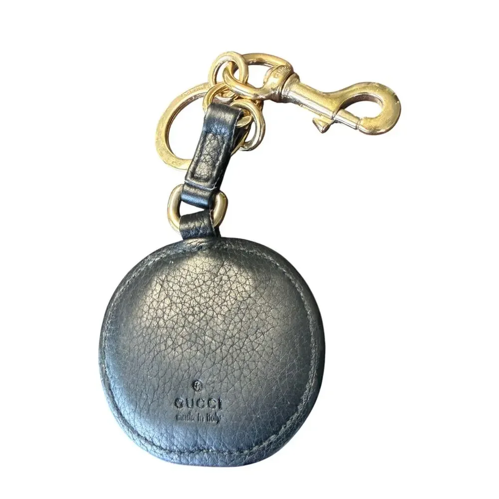 Vintage Gucci Pebbled Leather GG Logo Round Keyring Black Gold